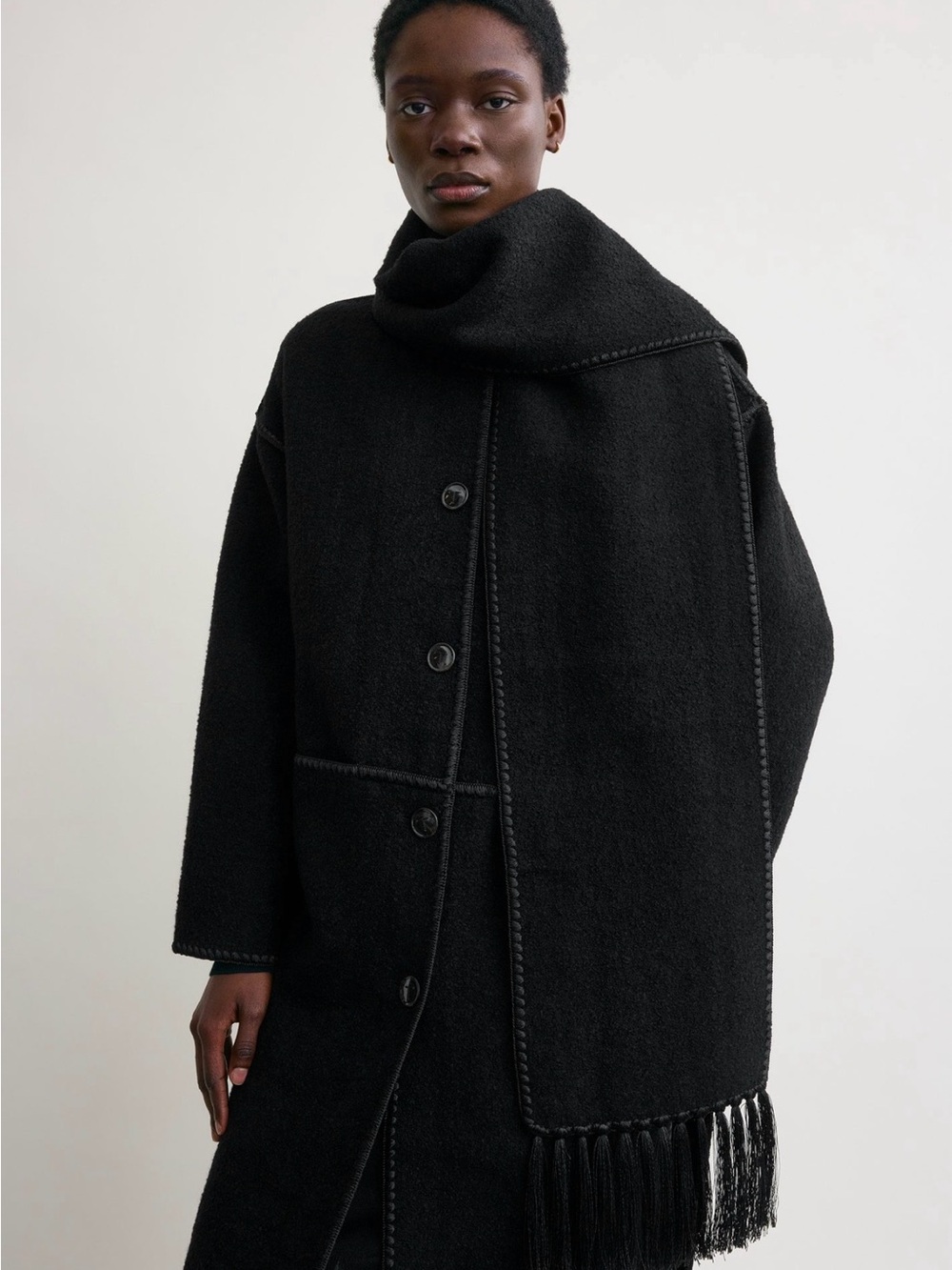 Toteme Black Long Wool Button Coat with Scarf - Picture 5 of 7